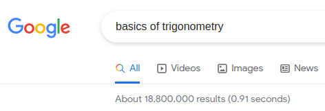 google search result for basics of trigonometry showing 18 million results