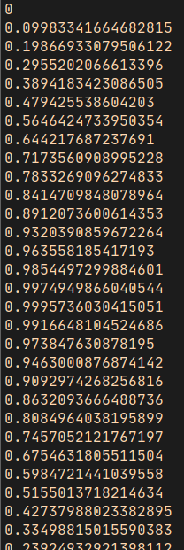 output of sin - a long list of numbers going from 0 to 1 and back down