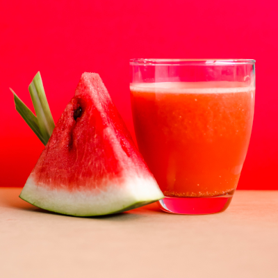 watermelon slice and cup of red juice