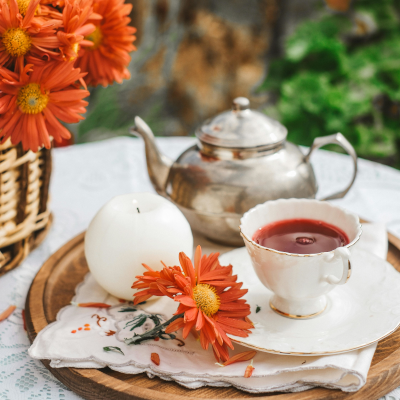 tea set with flowers