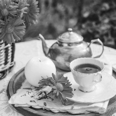 tea set with flowers greyscale