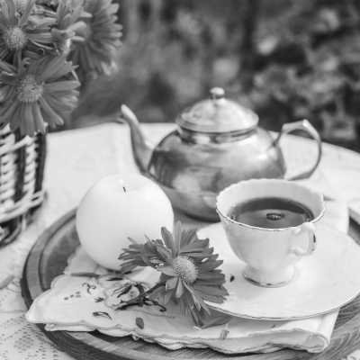 tea set with flowers greyscale