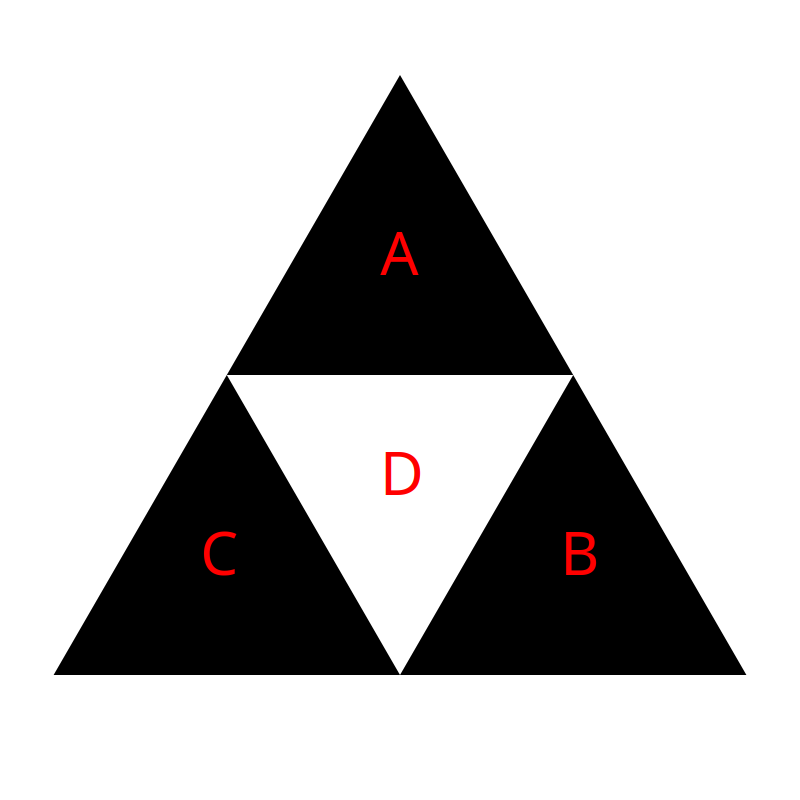 level sierpinski triangle with triangles labeled A, B, C clockwise, with D in the center