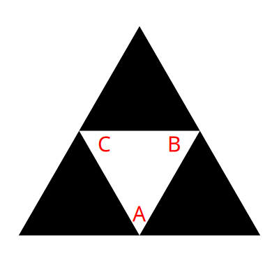 level sierpinski triangle with inner triangles labeled A, B, C counterclockwise, A being at the bottom