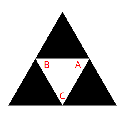 level sierpinski triangle with inner triangles labeled A, B, C counterclockwise, B being at the bottom