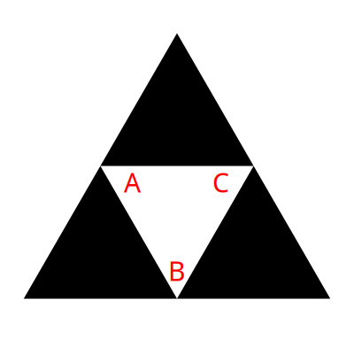 level sierpinski triangle with inner triangles labeled A, B, C counterclockwise, C being at the bottom