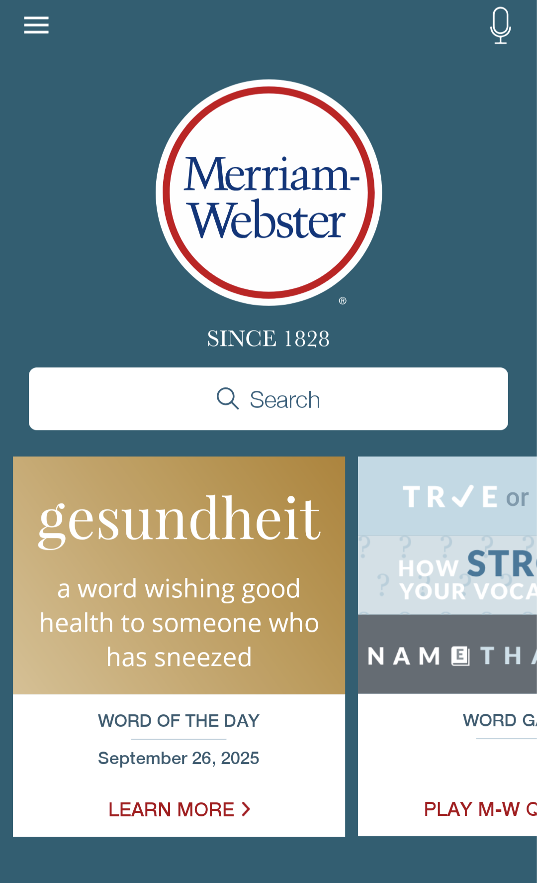home page of merriam-webster app