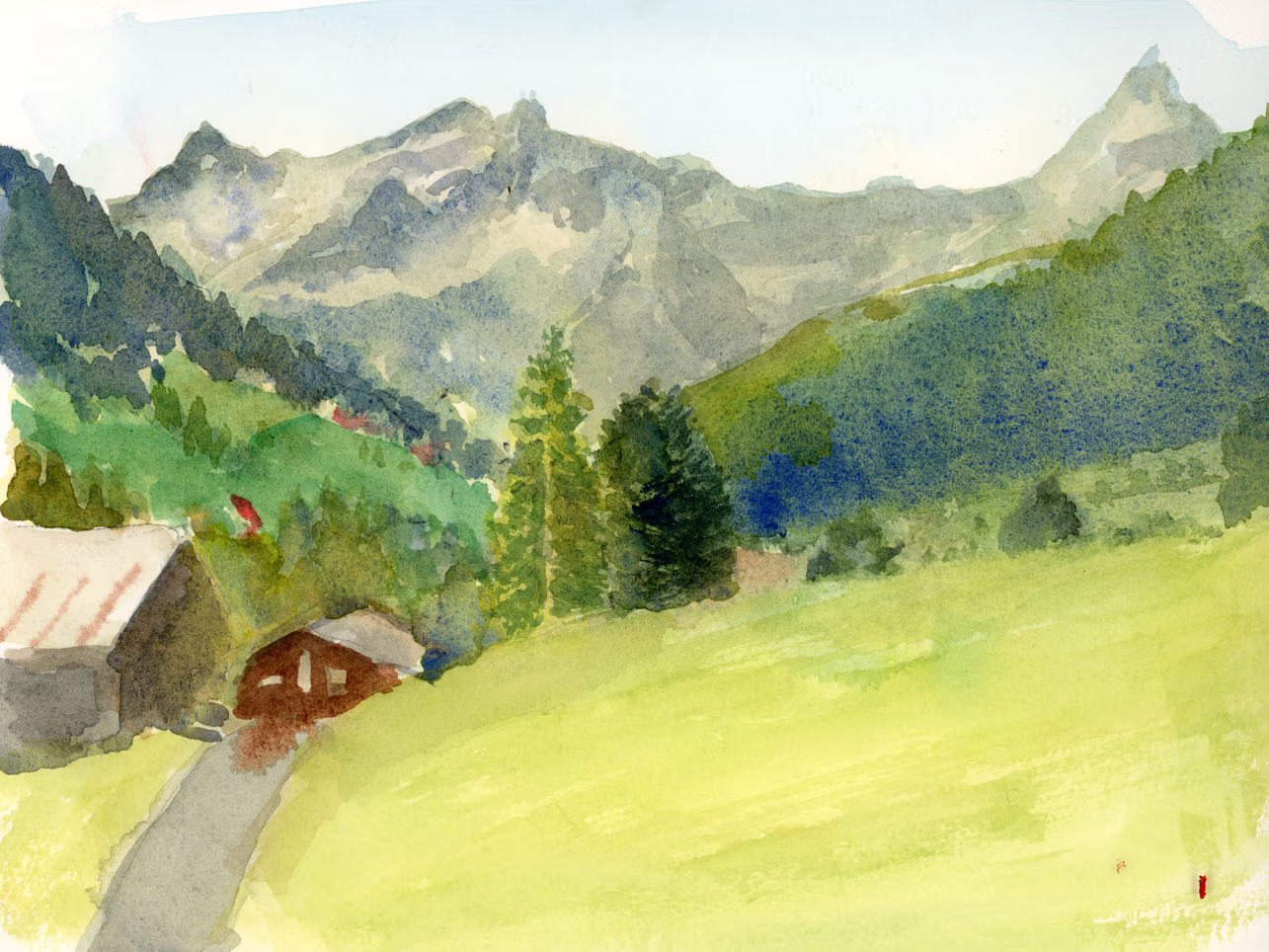 a green hued landscape painting