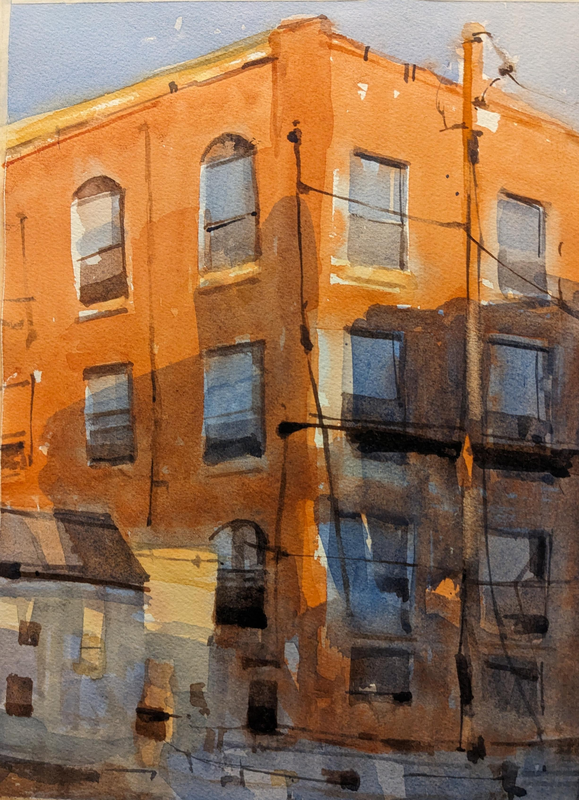 painting of some red buildings