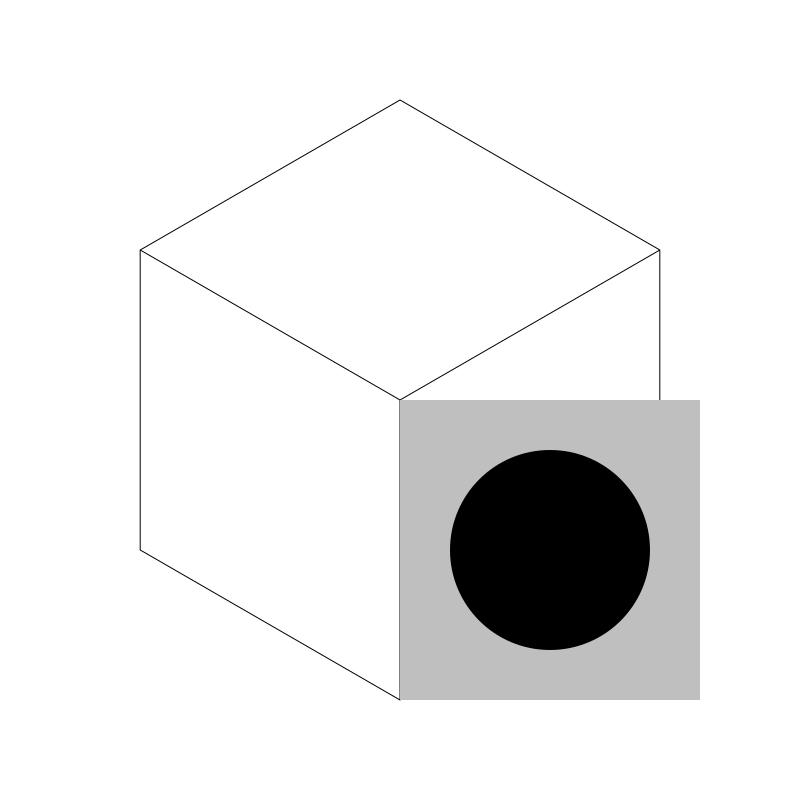 isometric box with a square with a circle in it hanging off one side