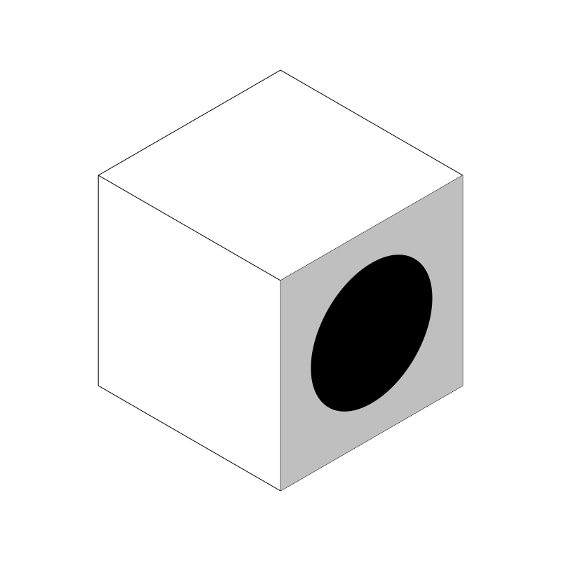 isometric box with a square with a circle in it on one side