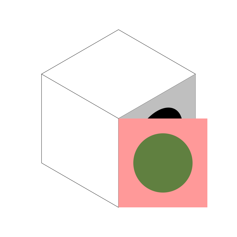 isometric box with a square with a circle in it on one side, and another pink square with a red circle hanging off the side