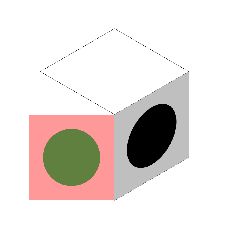 isometric box with a square with a circle in it on one side, and another pink square with a red circle hanging off the left side