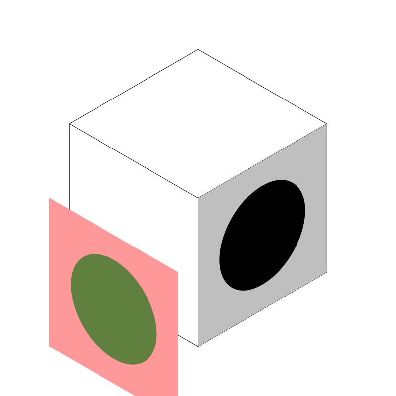 isometric box with a square with a circle in it on one side, and another pink square with a red circle on the other side, but misaligned
