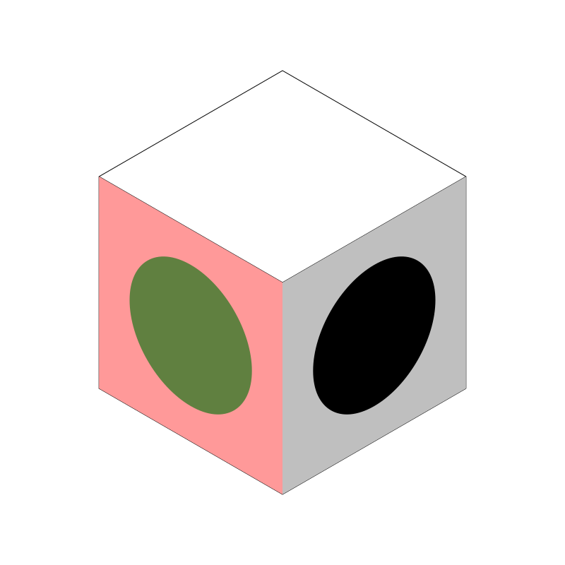isometric box with a square with a circle in it on one side, and another pink square with a red circle on the other side